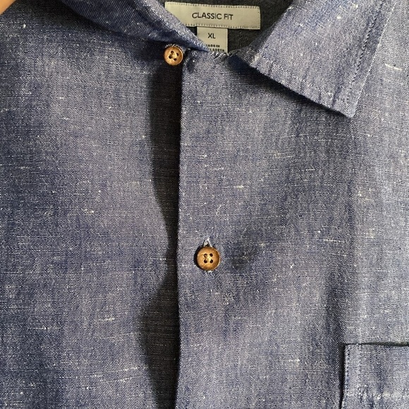 Saddlebred Blue Classic Fit Cotton Linen Men’s Button Down Short Sleeve Shirt - Picture 3 of 5